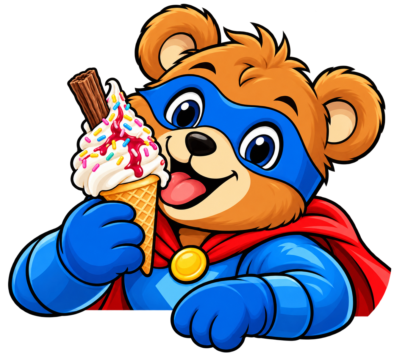 Blue superhero bear enjoying a 99 ice cream with sherbet and sauce